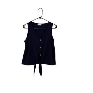 Pink Lily Navy Sleeveless Button-Down Tie-Front Top